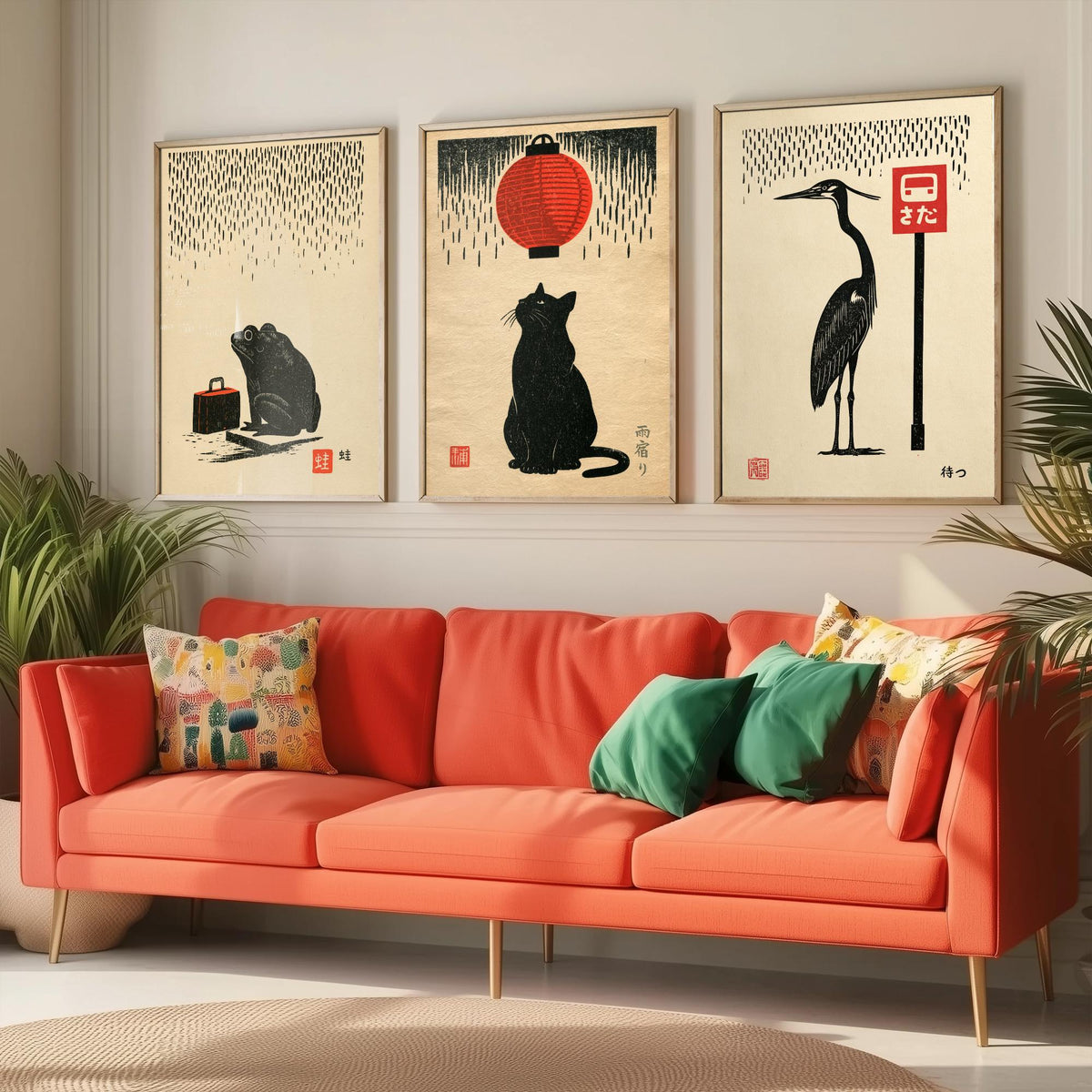 Waiting in the Rain Set of Three Art Prints - Frog, Cat and Heron - Japanese Linocut Style Woodblock Posters, Black and Red Kanji Prints V1