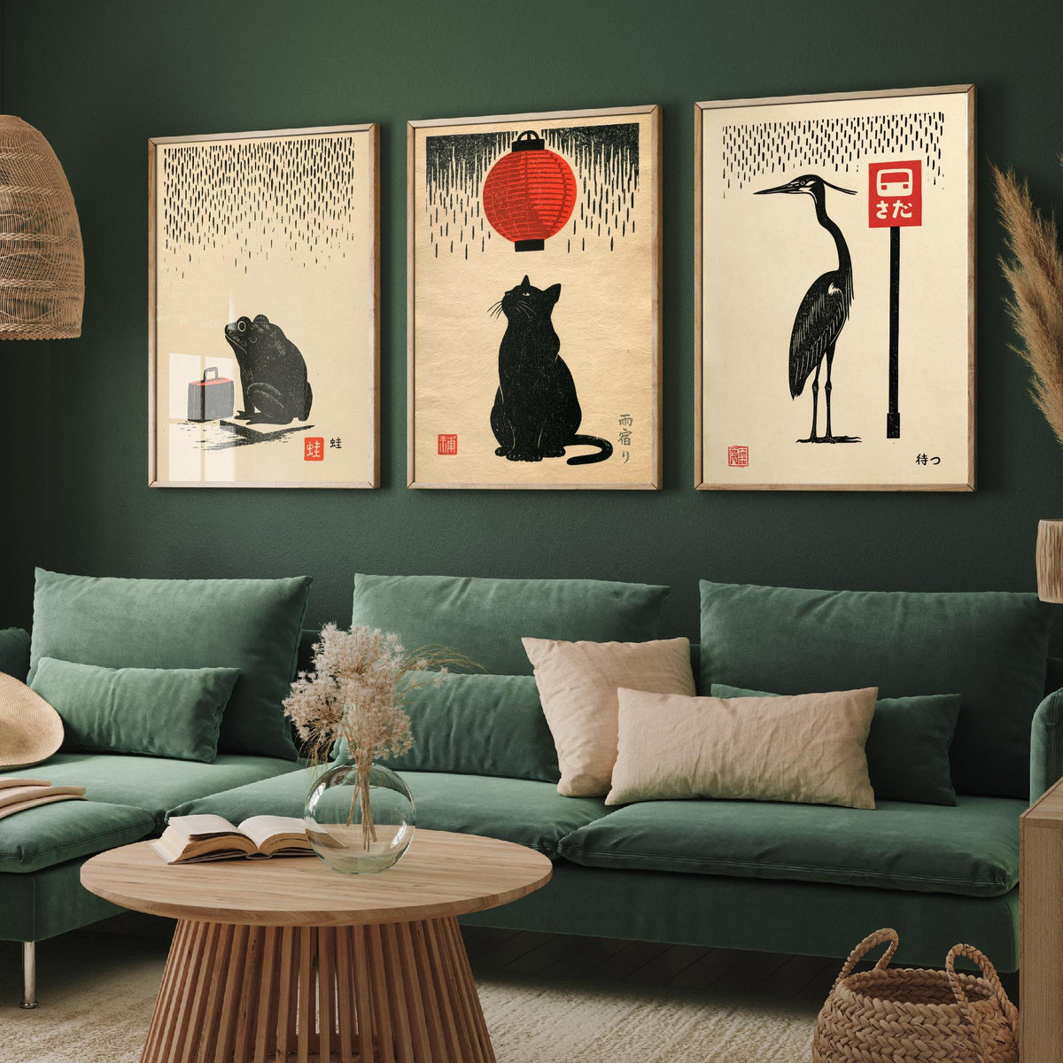 Waiting in the Rain Set of Three Art Prints - Frog, Cat and Heron - Japanese Linocut Style Woodblock Posters, Black and Red Kanji Prints V1