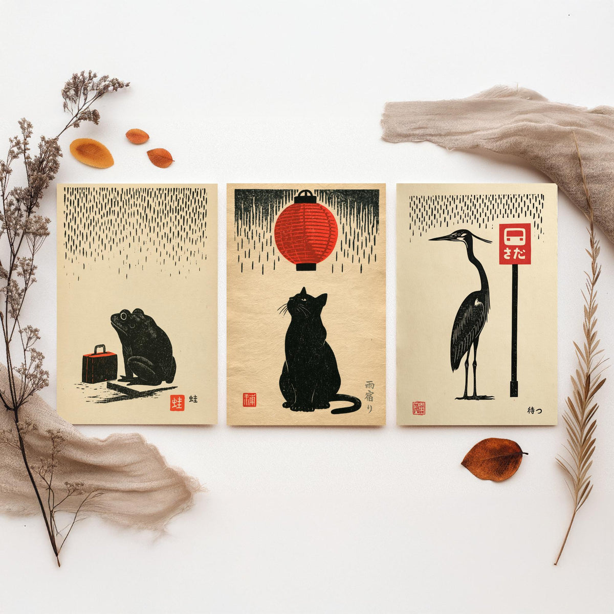 Waiting in the Rain Set of Three Art Prints - Frog, Cat and Heron - Japanese Linocut Style Woodblock Posters, Black and Red Kanji Prints V1