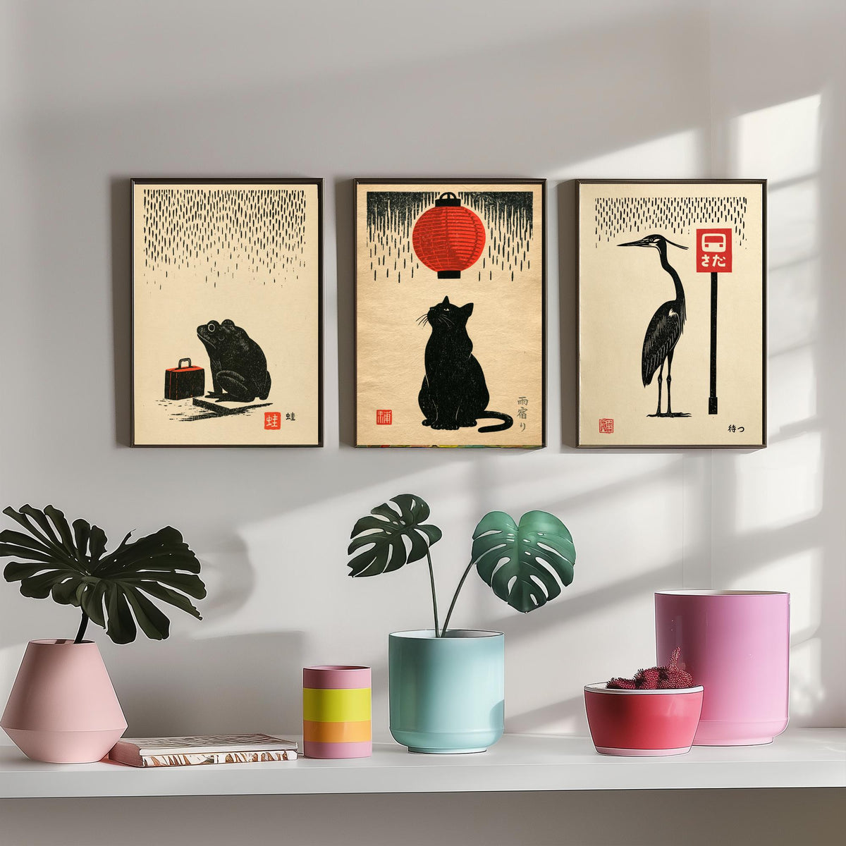 Waiting in the Rain Set of Three Art Prints - Frog, Cat and Heron - Japanese Linocut Style Woodblock Posters, Black and Red Kanji Prints V1