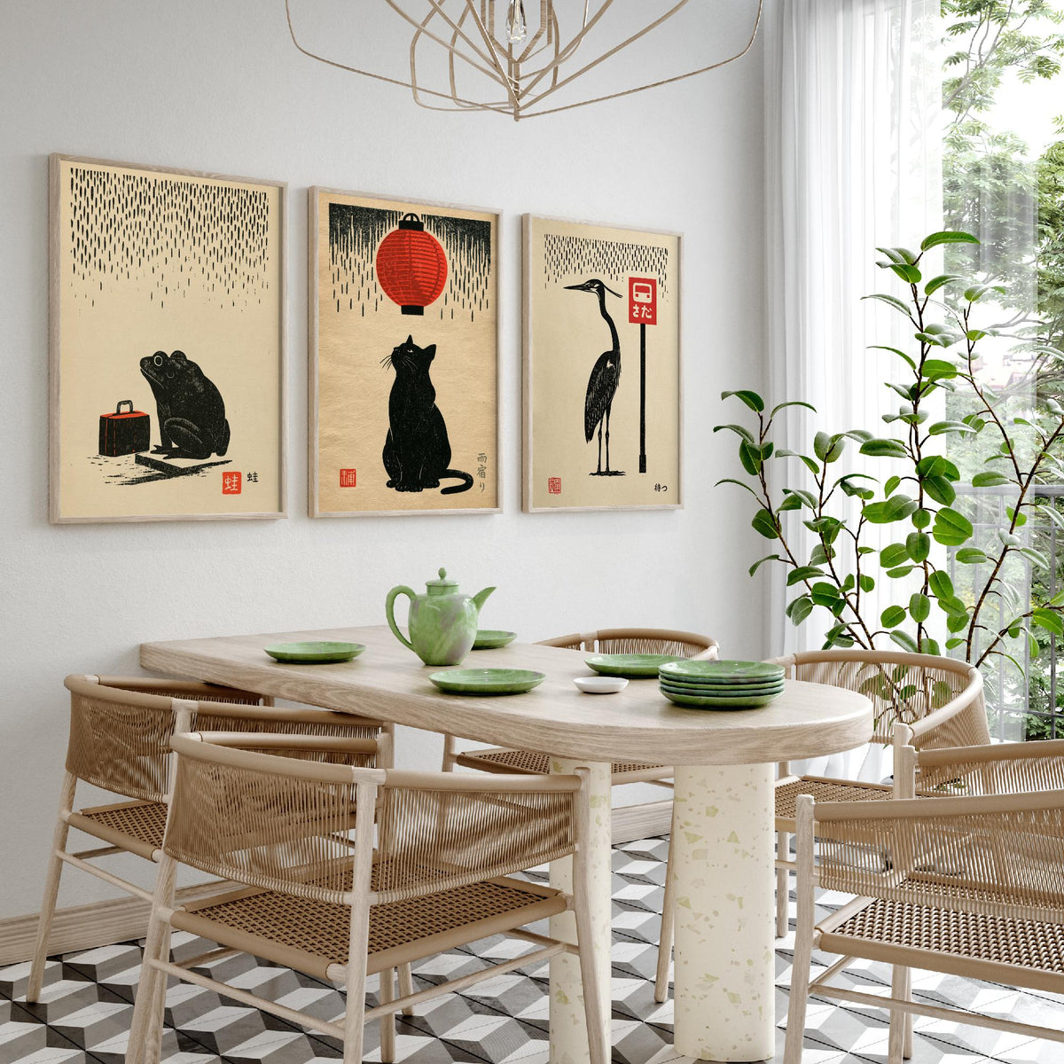 Waiting in the Rain Set of Three Art Prints - Frog, Cat and Heron - Japanese Linocut Style Woodblock Posters, Black and Red Kanji Prints V1