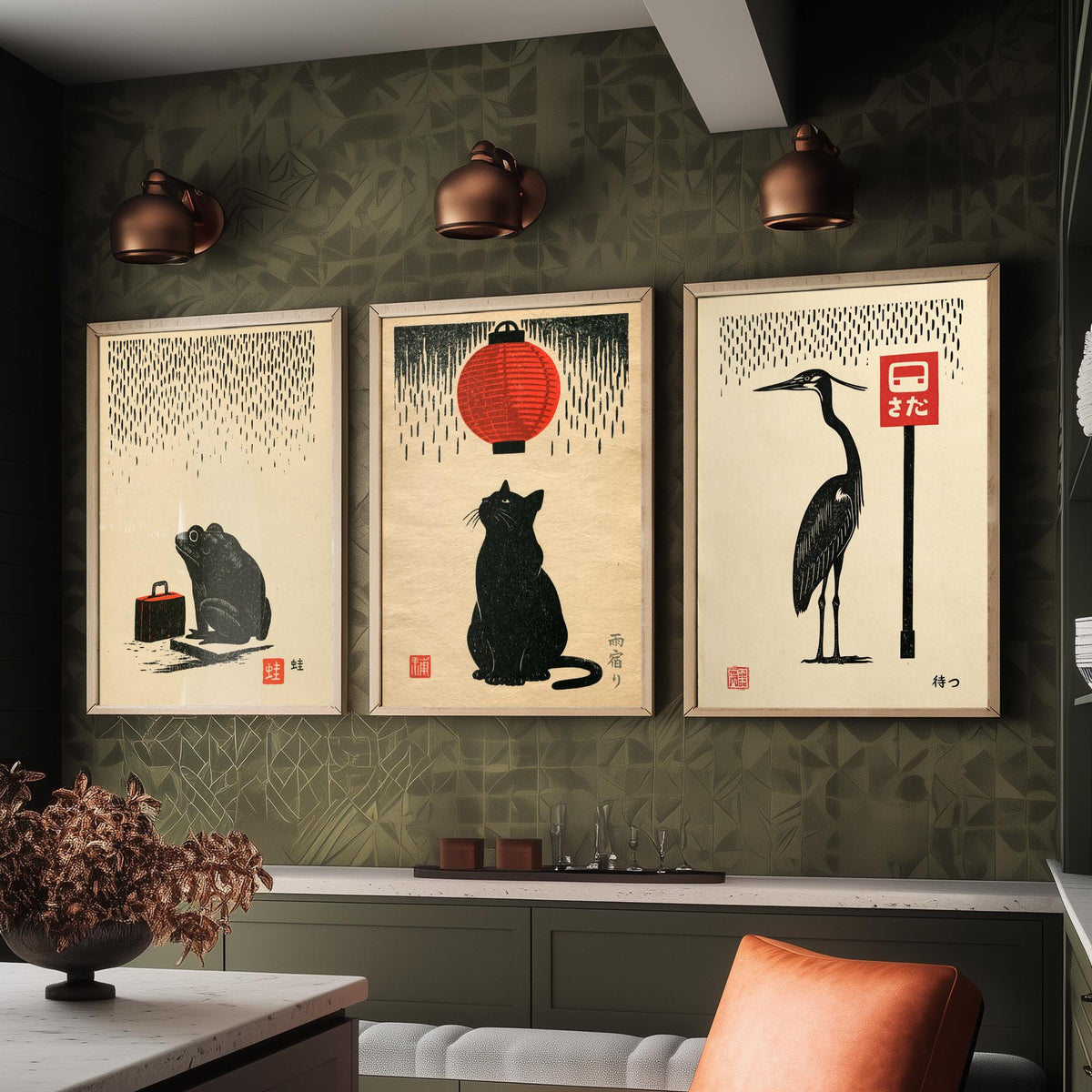 Waiting in the Rain Set of Three Art Prints - Frog, Cat and Heron - Japanese Linocut Style Woodblock Posters, Black and Red Kanji Prints V1