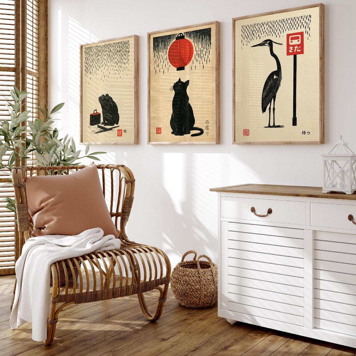 Waiting in the Rain Set of Three Art Prints - Frog, Cat and Heron - Japanese Linocut Style Woodblock Posters, Black and Red Kanji Prints V1
