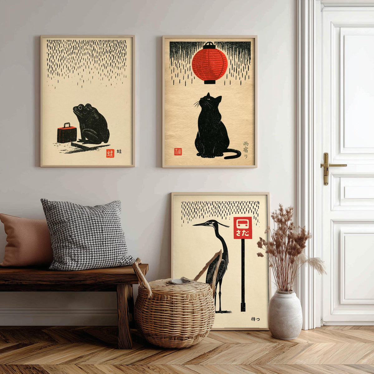 Waiting in the Rain Set of Three Art Prints - Frog, Cat and Heron - Japanese Linocut Style Woodblock Posters, Black and Red Kanji Prints V1