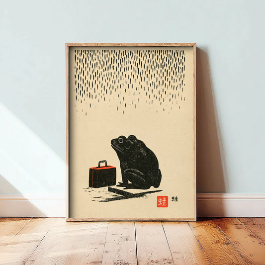 Frog on a Red Suitcase Art Print - Japanese Linocut Style Poster - Waiting in the Rain Woodblock Illustration - Black and Red