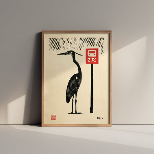 Heron at a Red Bus Stop Art Print - Japanese Linocut Style Poster - Waiting in the Rain Woodblock Illustration - Black and Red
