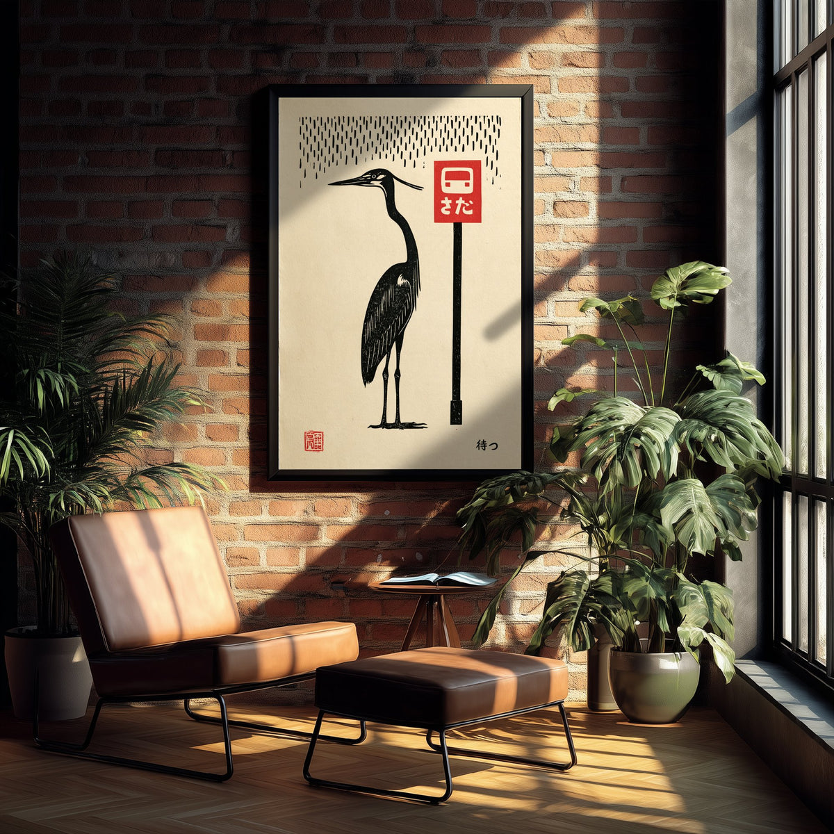 Heron at a Red Bus Stop Art Print - Japanese Linocut Style Poster - Waiting in the Rain Woodblock Illustration - Black and Red