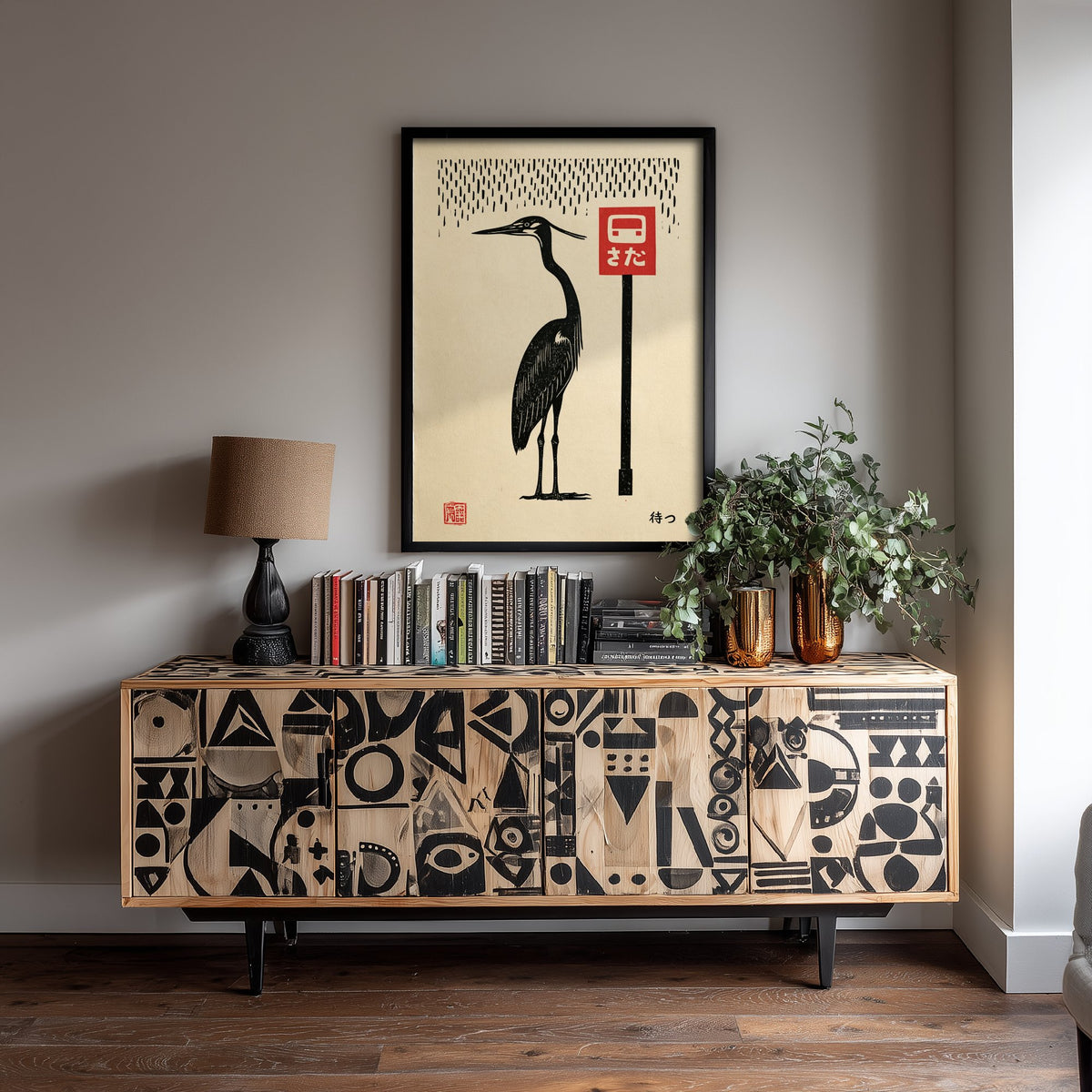 Heron at a Red Bus Stop Art Print - Japanese Linocut Style Poster - Waiting in the Rain Woodblock Illustration - Black and Red