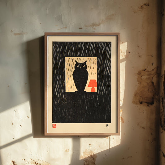 Owl in a Lit Window Art Print - Japanese Linocut Style Poster - Waiting in the Rain Woodblock Illustration - Black and Red