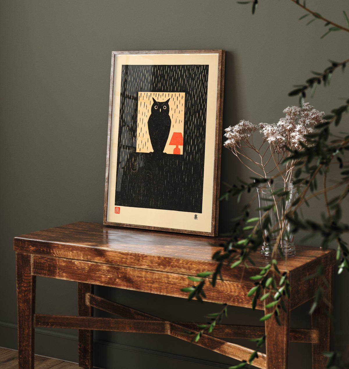 Owl in a Lit Window Art Print - Japanese Linocut Style Poster - Waiting in the Rain Woodblock Illustration - Black and Red
