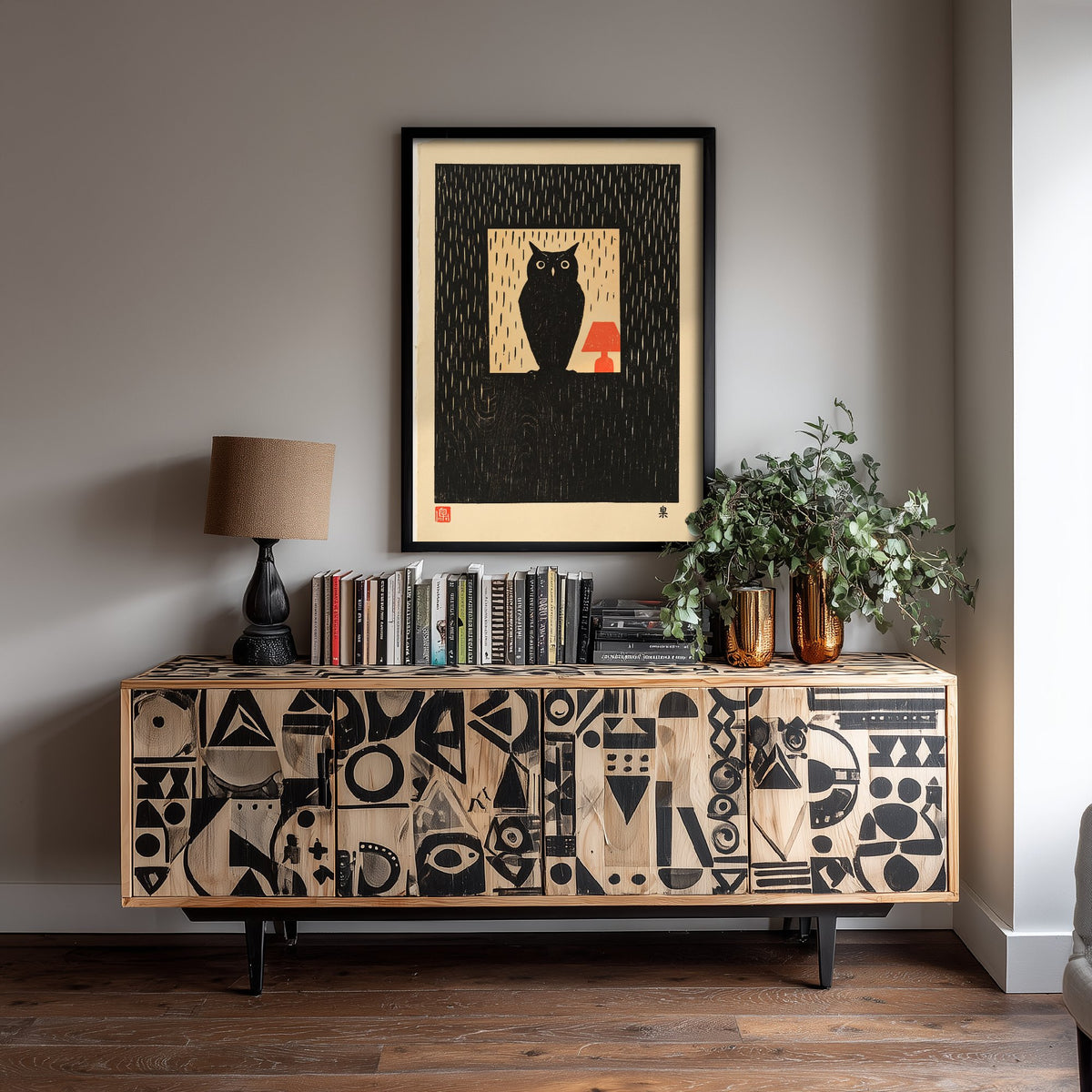 Owl in a Lit Window Art Print - Japanese Linocut Style Poster - Waiting in the Rain Woodblock Illustration - Black and Red