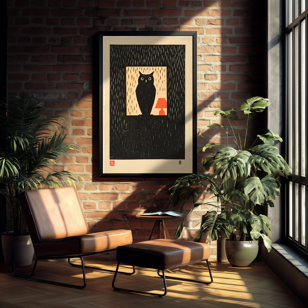 Owl in a Lit Window Art Print - Japanese Linocut Style Poster - Waiting in the Rain Woodblock Illustration - Black and Red