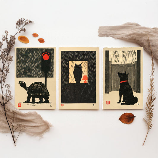 Waiting in the Rain Set of Three Art Prints - Tortoise, Owl and Dog - Japanese Linocut Woodblock Posters, Black and Red Kanji Prints V2