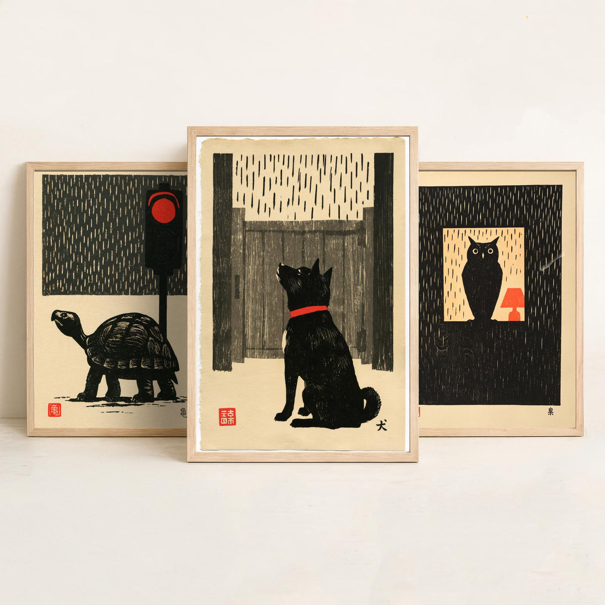 Waiting in the Rain Set of Three Art Prints - Tortoise, Owl and Dog - Japanese Linocut Woodblock Posters, Black and Red Kanji Prints V2
