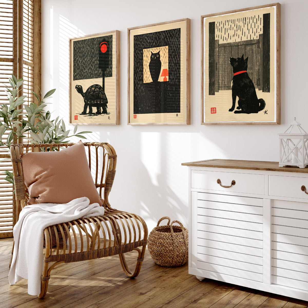 Waiting in the Rain Set of Three Art Prints - Tortoise, Owl and Dog - Japanese Linocut Woodblock Posters, Black and Red Kanji Prints V2