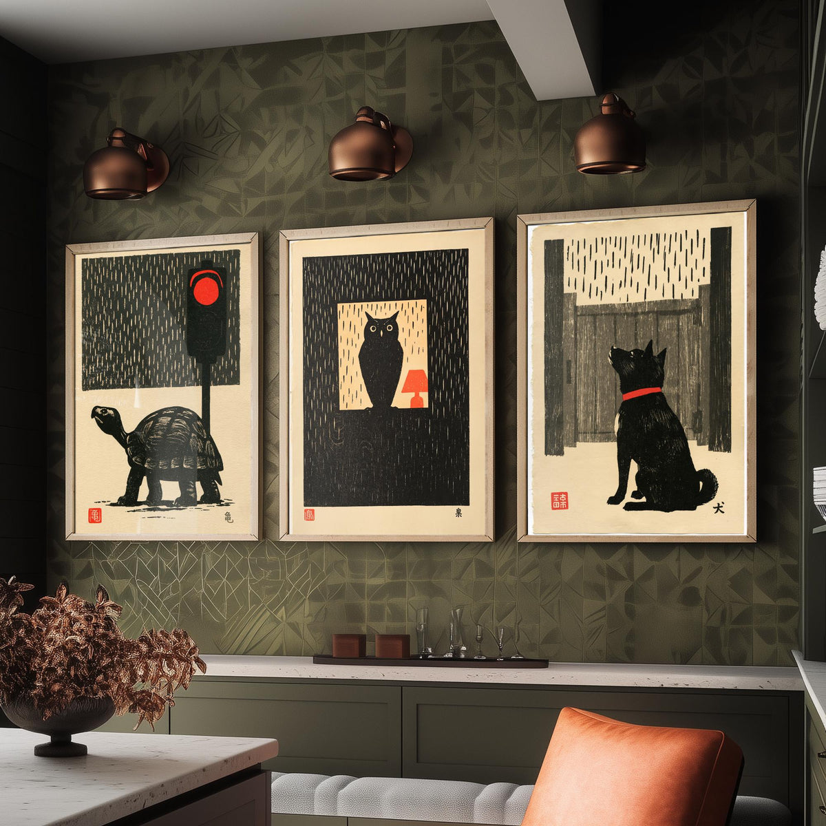 Waiting in the Rain Set of Three Art Prints - Tortoise, Owl and Dog - Japanese Linocut Woodblock Posters, Black and Red Kanji Prints V2