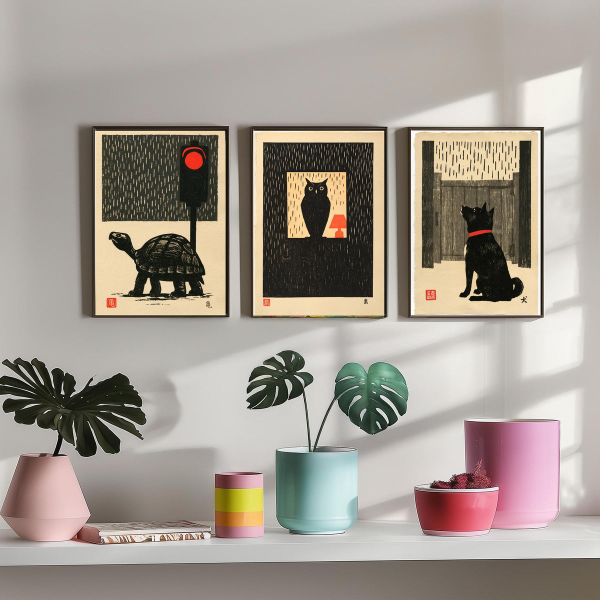 Waiting in the Rain Set of Three Art Prints - Tortoise, Owl and Dog - Japanese Linocut Woodblock Posters, Black and Red Kanji Prints V2