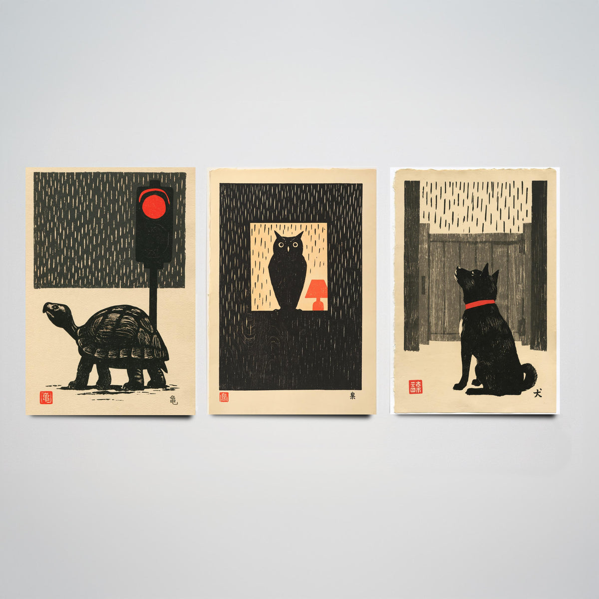 Waiting in the Rain Set of Three Art Prints - Tortoise, Owl and Dog - Japanese Linocut Woodblock Posters, Black and Red Kanji Prints V2
