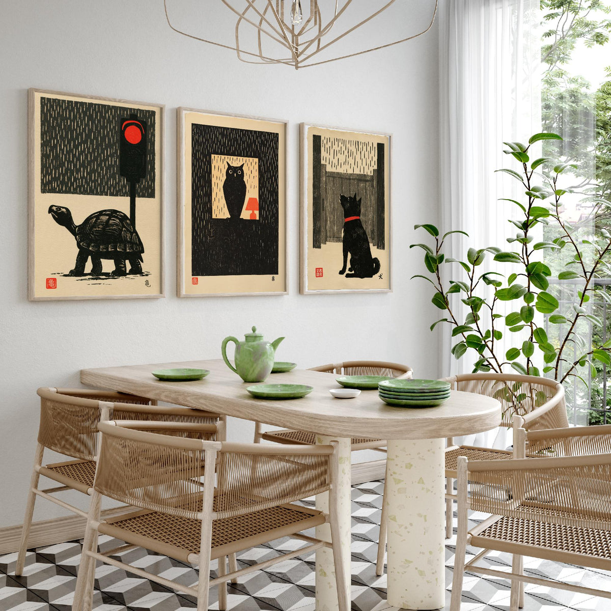 Waiting in the Rain Set of Three Art Prints - Tortoise, Owl and Dog - Japanese Linocut Woodblock Posters, Black and Red Kanji Prints V2