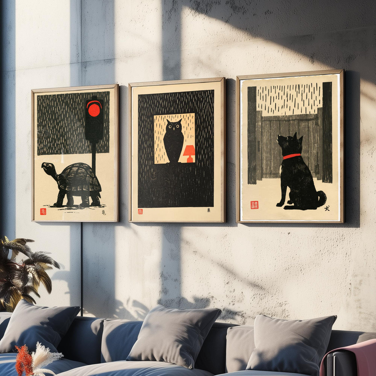 Waiting in the Rain Set of Three Art Prints - Tortoise, Owl and Dog - Japanese Linocut Woodblock Posters, Black and Red Kanji Prints V2