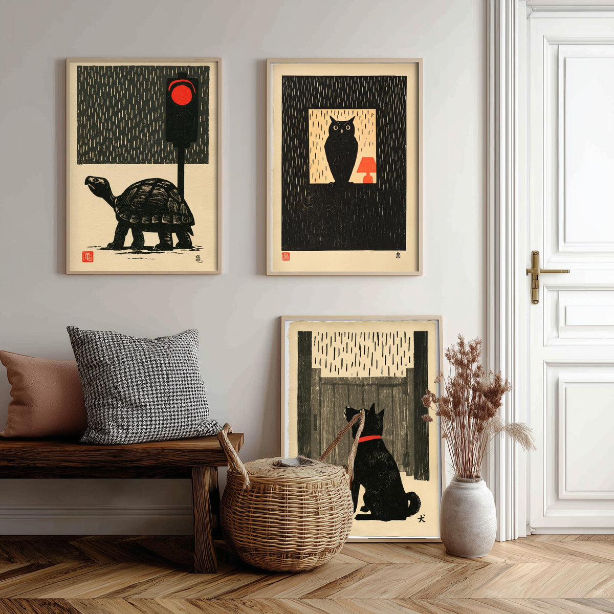 Waiting in the Rain Set of Three Art Prints - Tortoise, Owl and Dog - Japanese Linocut Woodblock Posters, Black and Red Kanji Prints V2