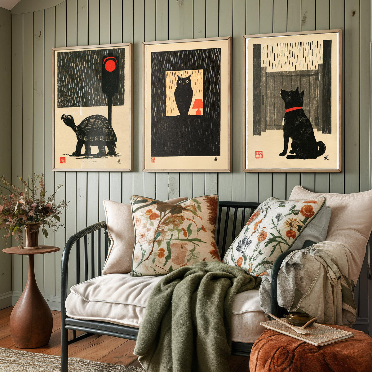 Waiting in the Rain Set of Three Art Prints - Tortoise, Owl and Dog - Japanese Linocut Woodblock Posters, Black and Red Kanji Prints V2