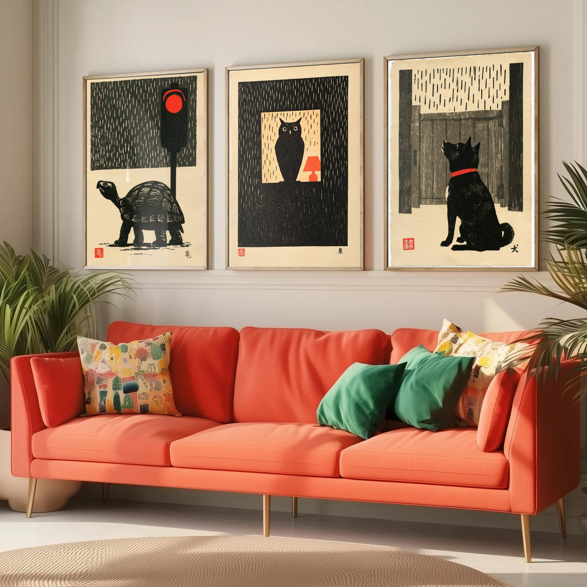 Waiting in the Rain Set of Three Art Prints - Tortoise, Owl and Dog - Japanese Linocut Woodblock Posters, Black and Red Kanji Prints V2