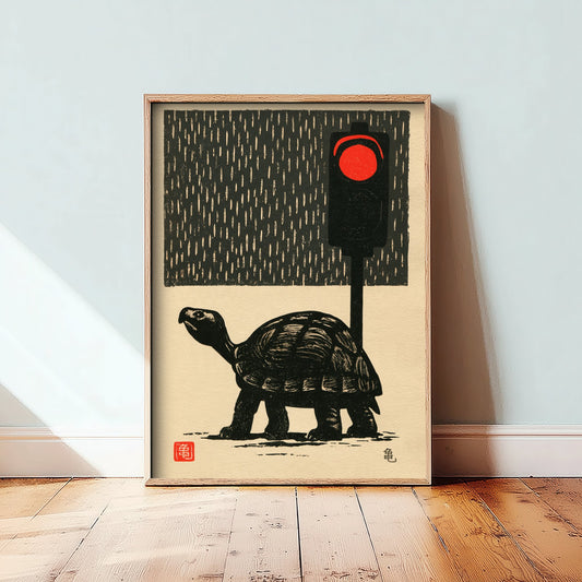 Tortoise at a Red Traffic Light Art Print - Japanese Linocut Style Poster - Waiting in the Rain Woodblock Illustration