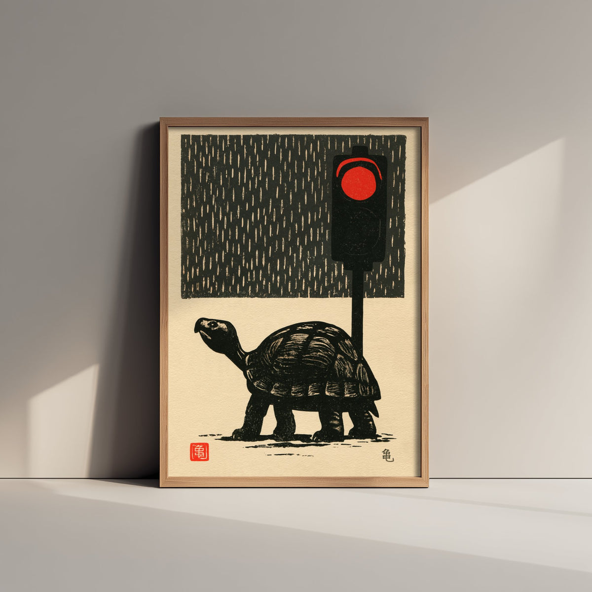 Tortoise at a Red Traffic Light Art Print - Japanese Linocut Style Poster - Waiting in the Rain Woodblock Illustration