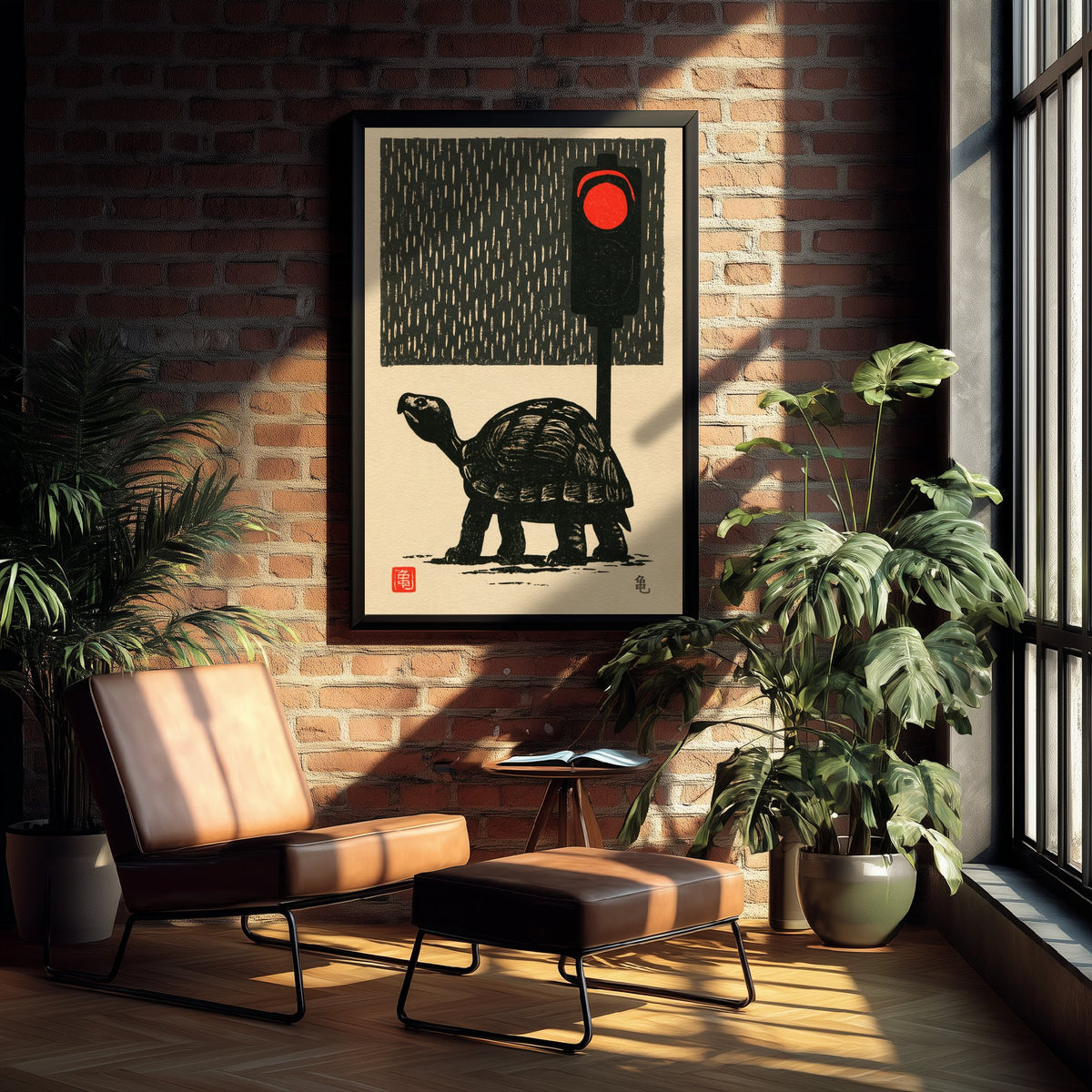 Tortoise at a Red Traffic Light Art Print - Japanese Linocut Style Poster - Waiting in the Rain Woodblock Illustration