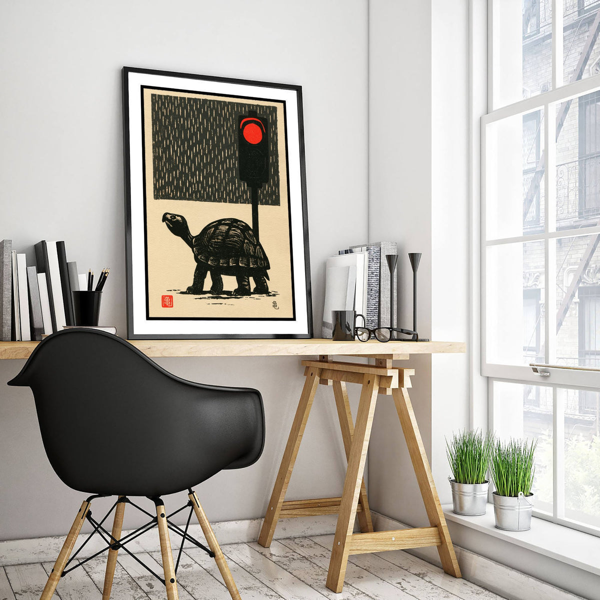 Tortoise at a Red Traffic Light Art Print - Japanese Linocut Style Poster - Waiting in the Rain Woodblock Illustration