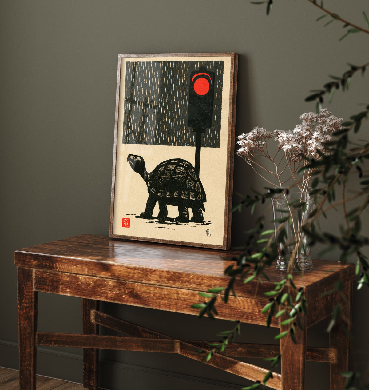 Tortoise at a Red Traffic Light Art Print - Japanese Linocut Style Poster - Waiting in the Rain Woodblock Illustration