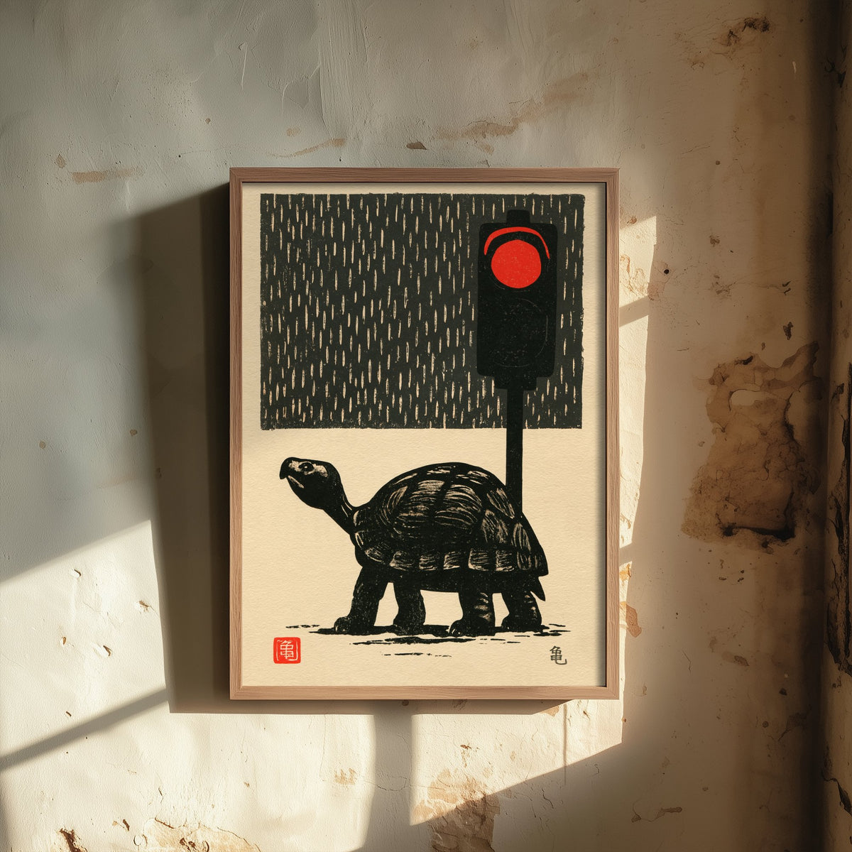 Tortoise at a Red Traffic Light Art Print - Japanese Linocut Style Poster - Waiting in the Rain Woodblock Illustration