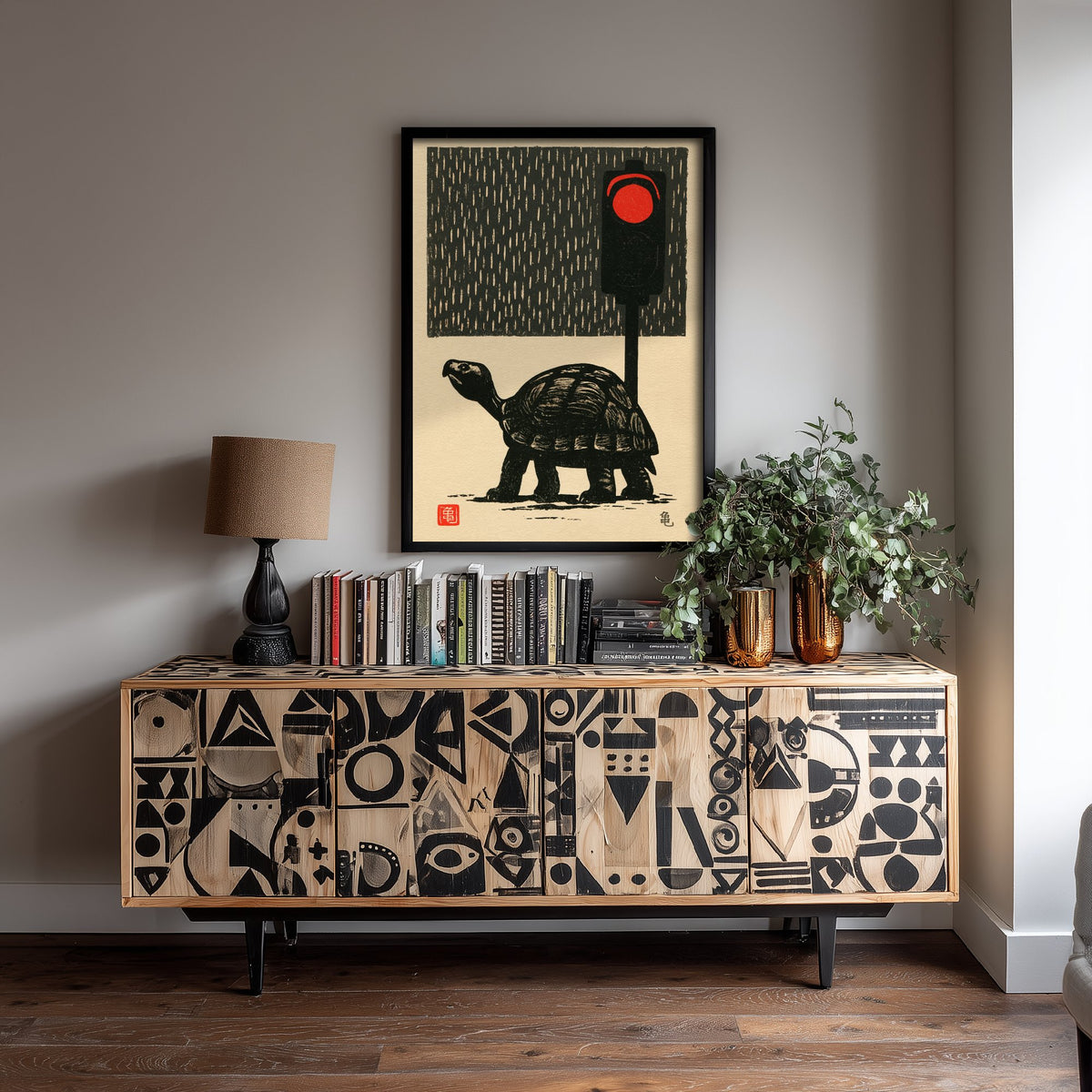 Tortoise at a Red Traffic Light Art Print - Japanese Linocut Style Poster - Waiting in the Rain Woodblock Illustration