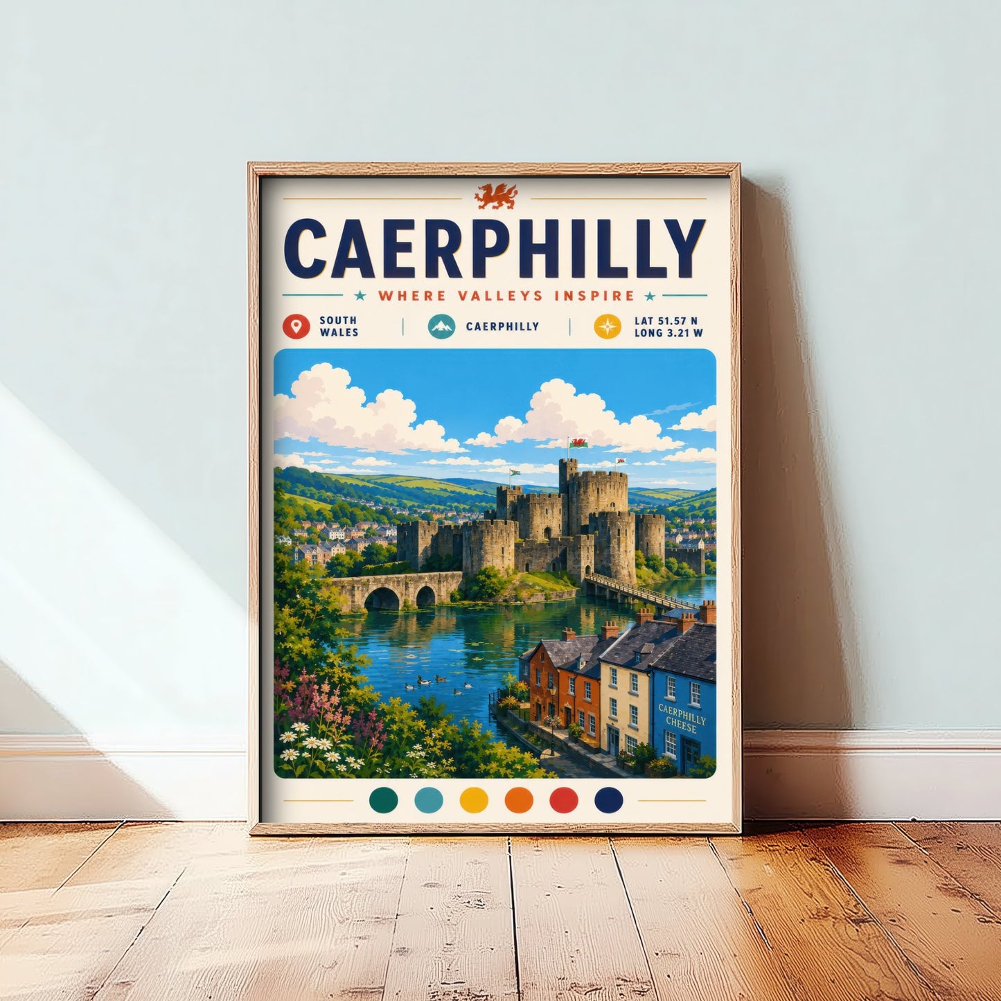 Caerphilly Wales Travel Poster - Art Print - Caerphilly Castle Illustration - South Wales Welsh Landmark 1/3