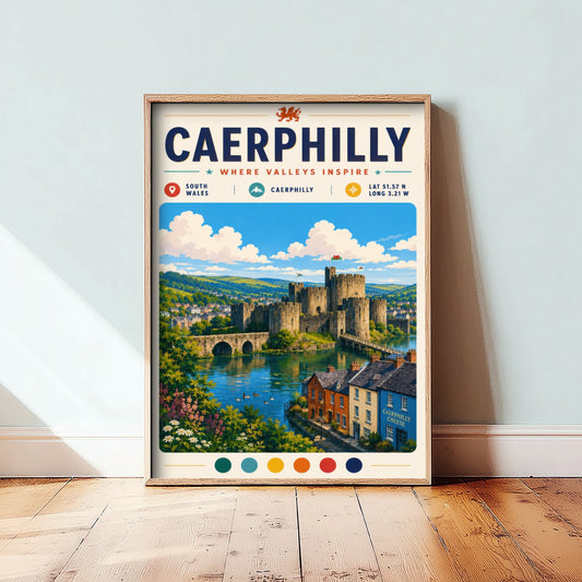 Caerphilly Wales Travel Poster - Art Print - Caerphilly Castle Illustration - South Wales Welsh Landmark 1/3