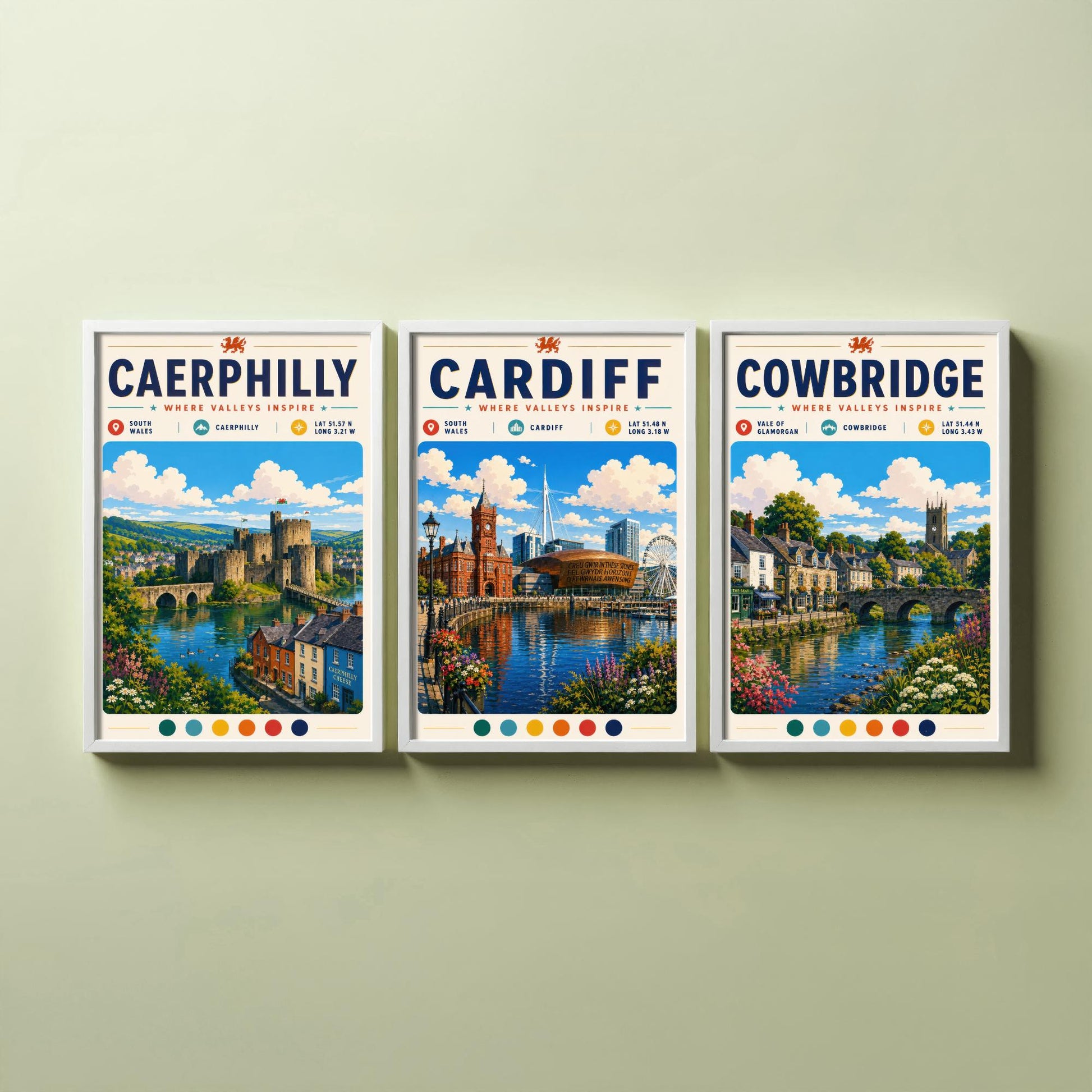 Wales Set of Three Travel Posters - Caerphilly, Cardiff, Cowbridge - South Wales Art Print Illustration Gift Welsh Decor