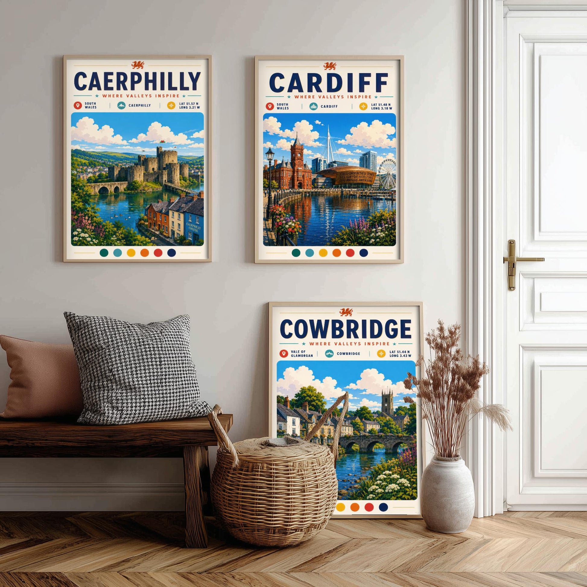 Wales Set of Three Travel Posters - Caerphilly, Cardiff, Cowbridge - South Wales Art Print Illustration Gift Welsh Decor