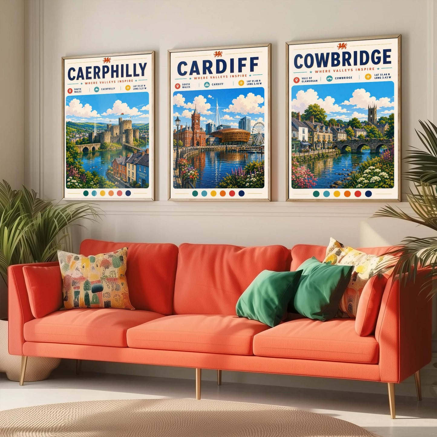 Wales Set of Three Travel Posters - Caerphilly, Cardiff, Cowbridge - South Wales Art Print Illustration Gift Welsh Decor