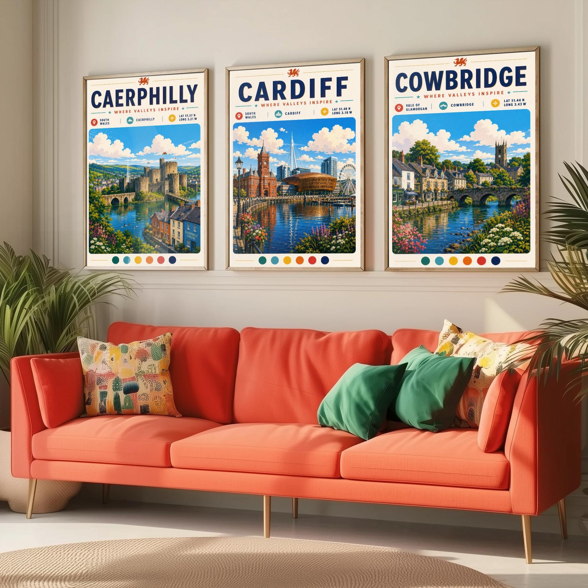 Wales Set of Three Travel Posters - Caerphilly, Cardiff, Cowbridge - South Wales Art Print Illustration Gift Welsh Decor