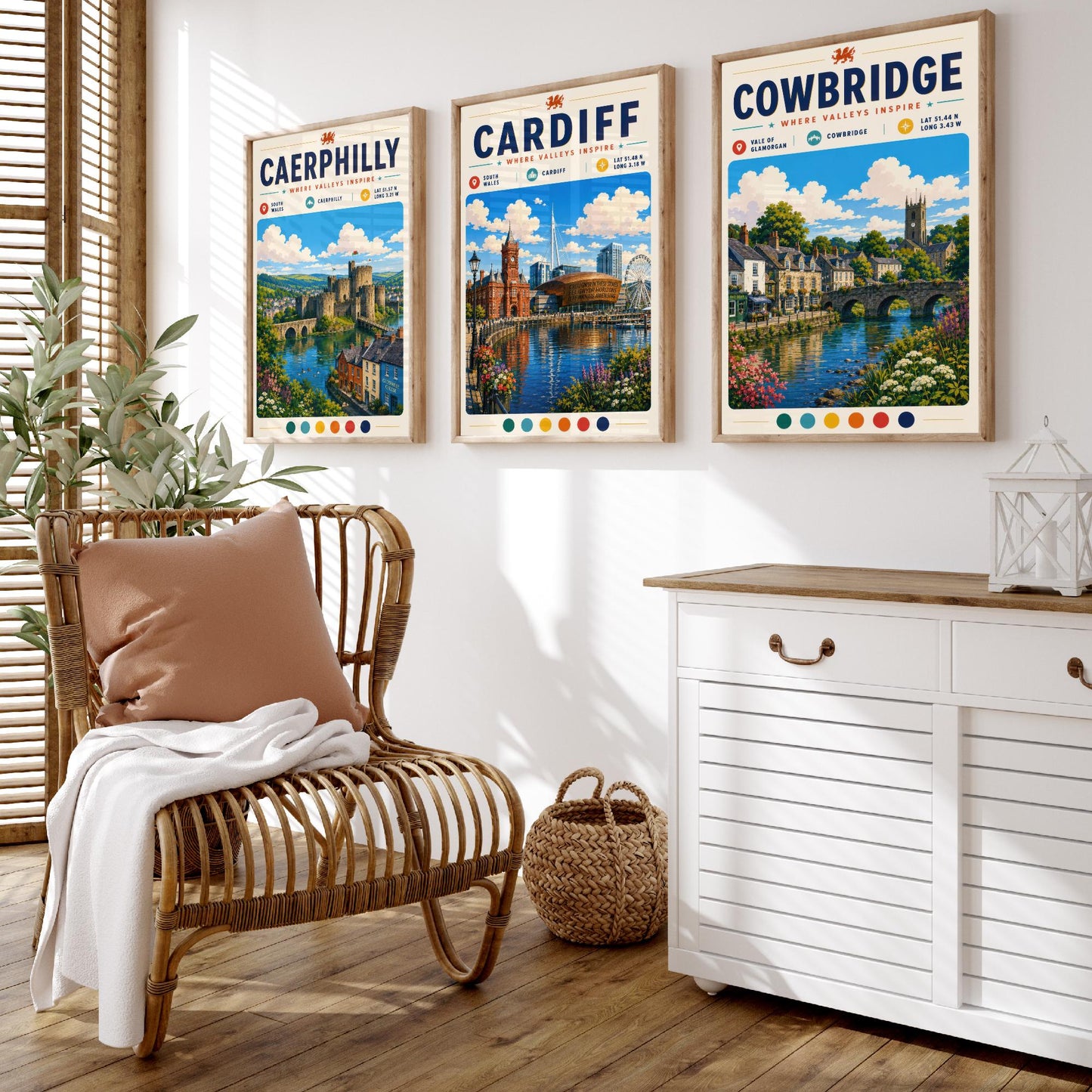 Wales Set of Three Travel Posters - Caerphilly, Cardiff, Cowbridge - South Wales Art Print Illustration Gift Welsh Decor
