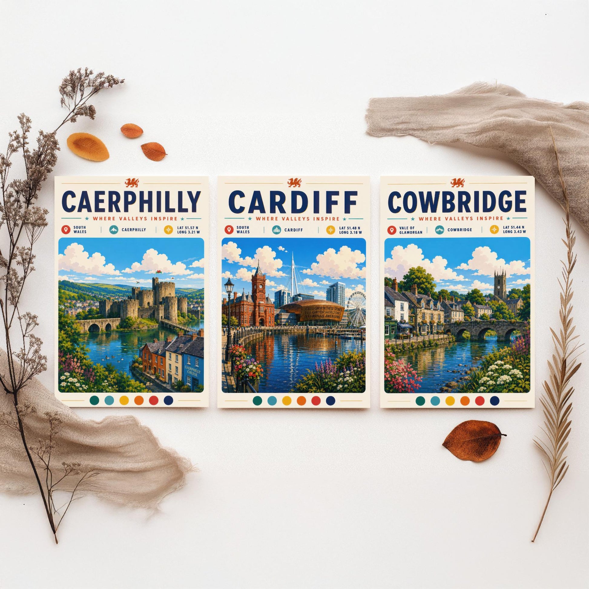 Wales Set of Three Travel Posters - Caerphilly, Cardiff, Cowbridge - South Wales Art Print Illustration Gift Welsh Decor
