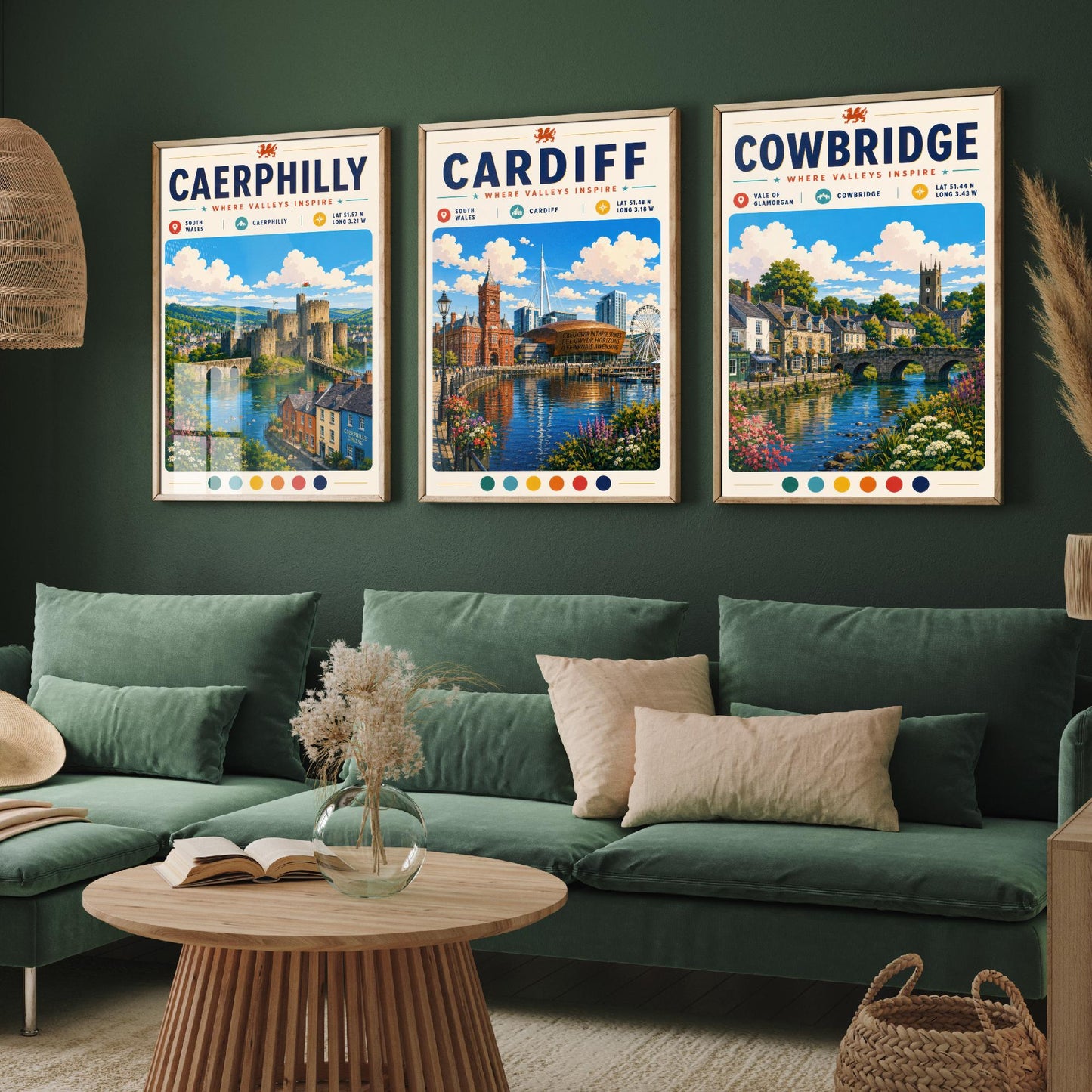 Wales Set of Three Travel Posters - Caerphilly, Cardiff, Cowbridge - South Wales Art Print Illustration Gift Welsh Decor