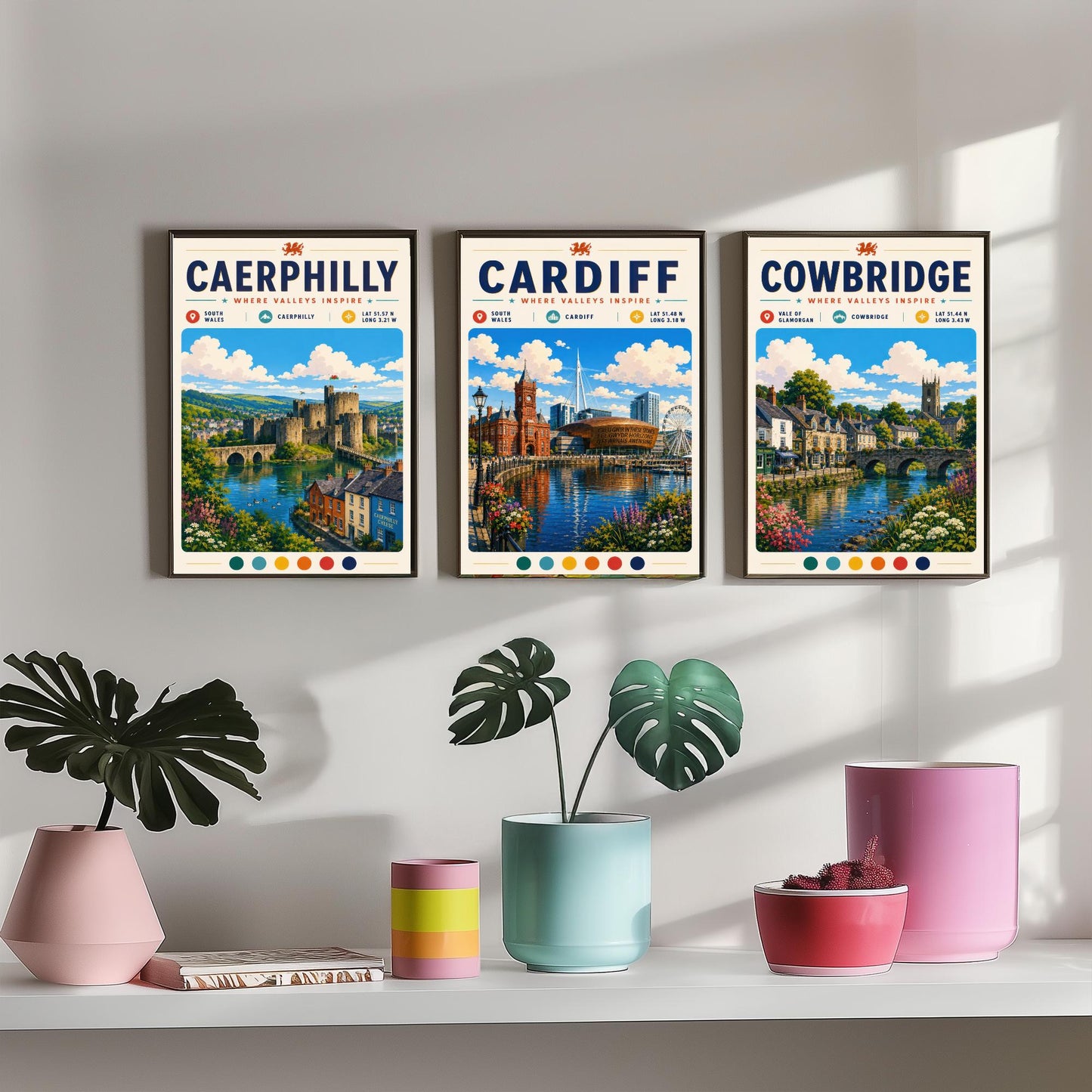 Wales Set of Three Travel Posters - Caerphilly, Cardiff, Cowbridge - South Wales Art Print Illustration Gift Welsh Decor