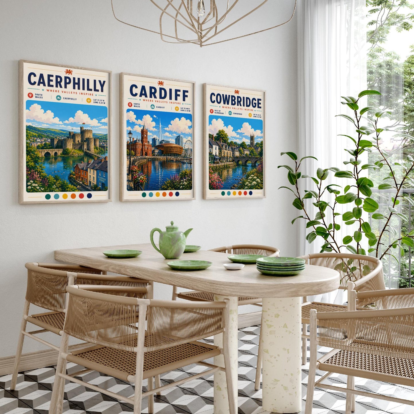 Wales Set of Three Travel Posters - Caerphilly, Cardiff, Cowbridge - South Wales Art Print Illustration Gift Welsh Decor