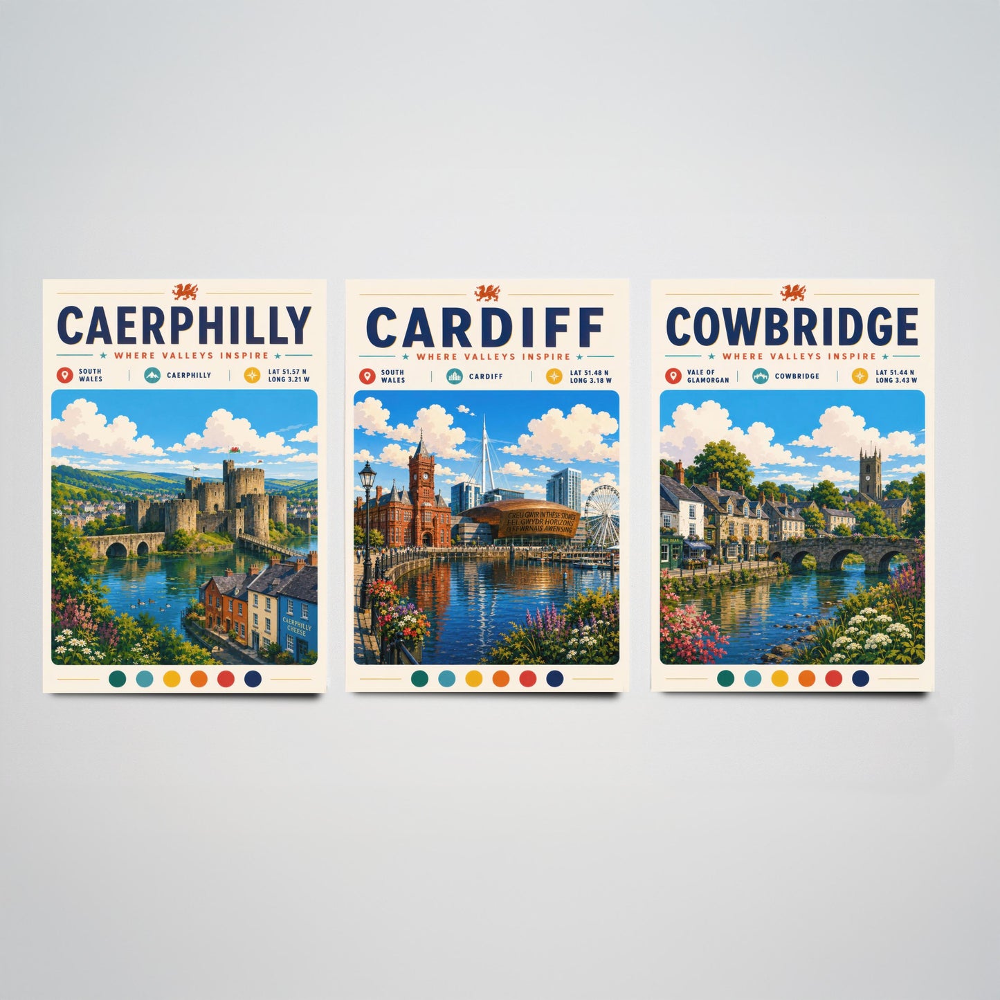 Wales Set of Three Travel Posters - Caerphilly, Cardiff, Cowbridge - South Wales Art Print Illustration Gift Welsh Decor