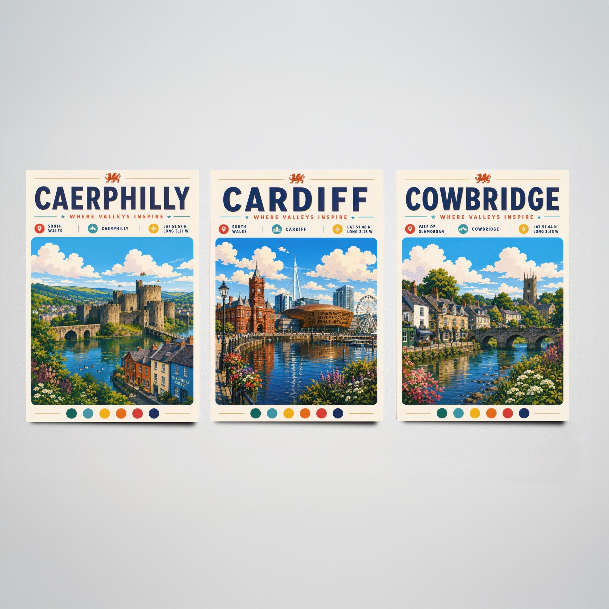 Wales Set of Three Travel Posters - Caerphilly, Cardiff, Cowbridge - South Wales Art Print Illustration Gift Welsh Decor