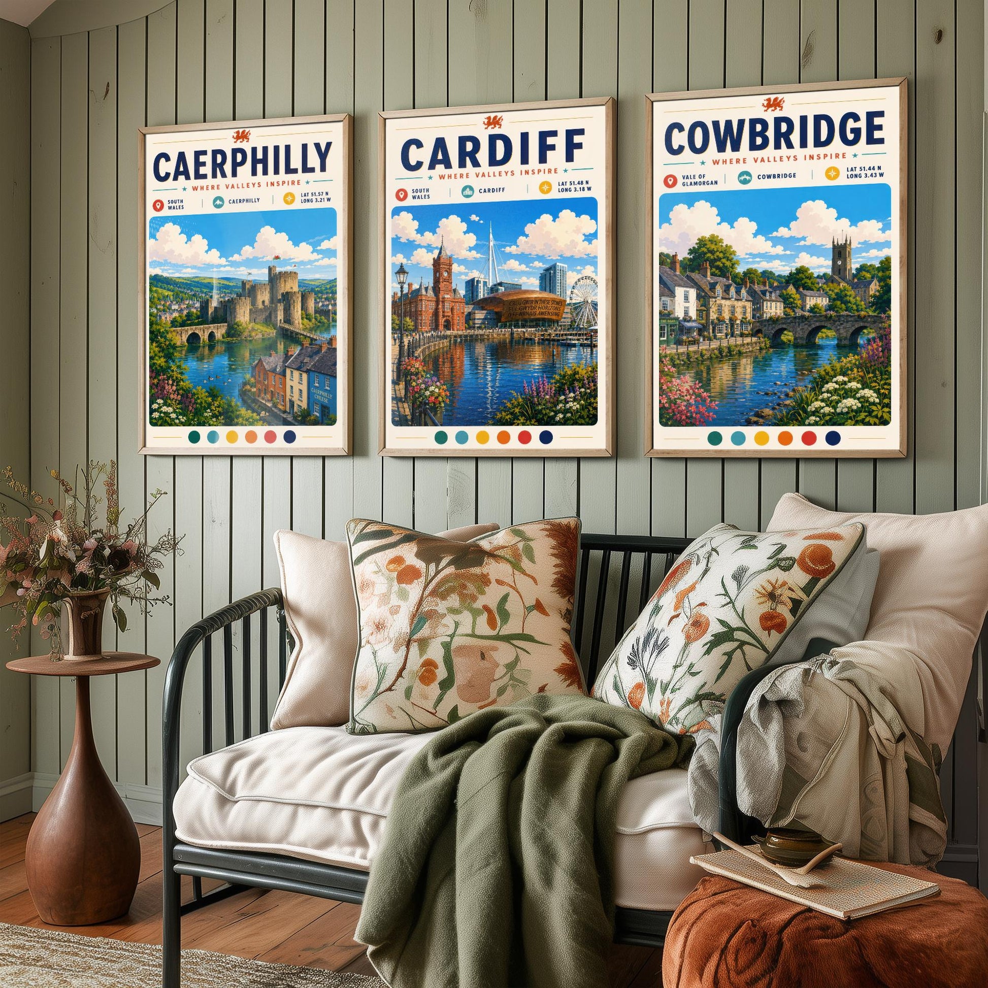 Wales Set of Three Travel Posters - Caerphilly, Cardiff, Cowbridge - South Wales Art Print Illustration Gift Welsh Decor