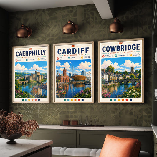 Wales Set of Three Travel Posters - Caerphilly, Cardiff, Cowbridge - South Wales Art Print Illustration Gift Welsh Decor