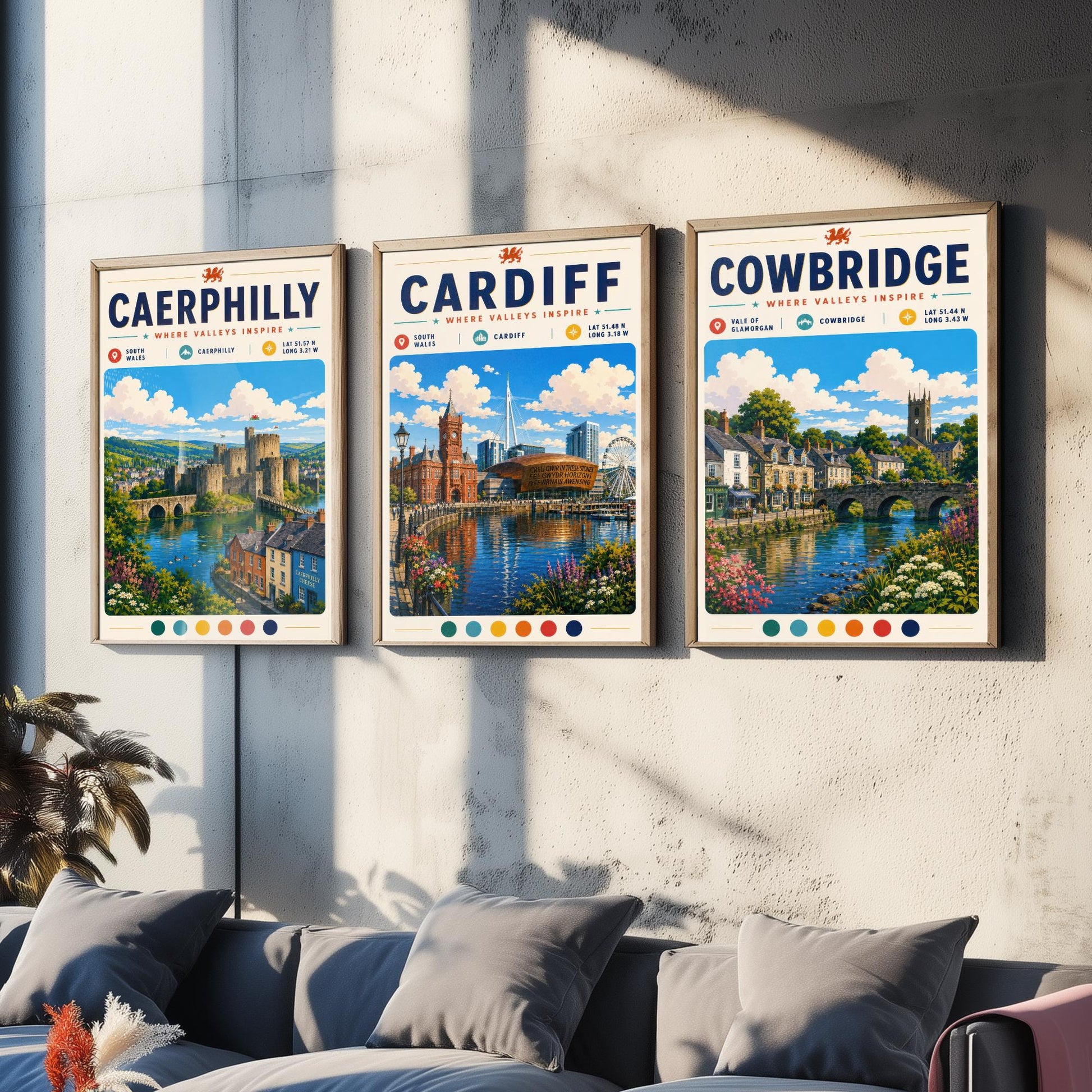 Wales Set of Three Travel Posters - Caerphilly, Cardiff, Cowbridge - South Wales Art Print Illustration Gift Welsh Decor